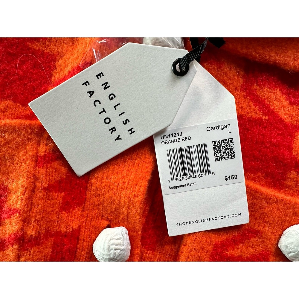 Anthropologie English Factory Houndstooth Cropped Cardigan Sweater Large Org/Red - Picture 5 of 11